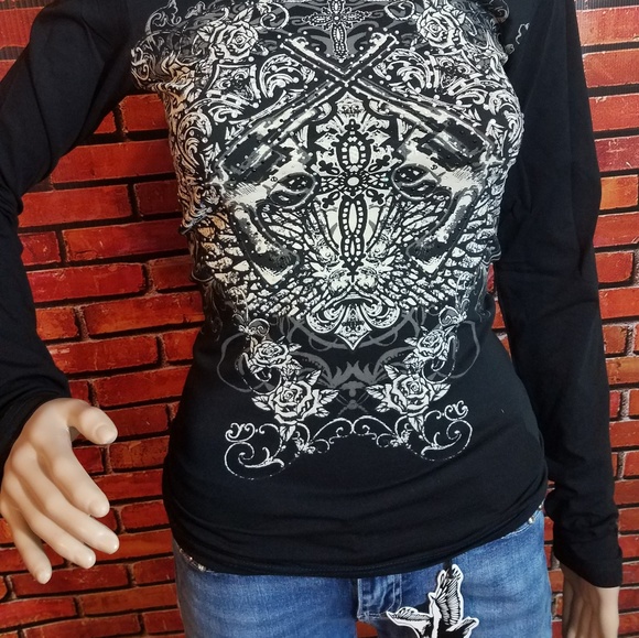 Long Sleeve Mirrored Pistol Wing Rhinestone Shirt - Picture 2 of 7